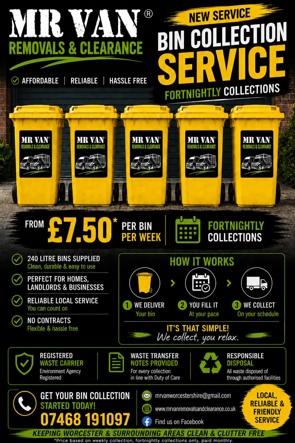 Five yellow MR VAN Removals and Clearance 240 litre bins for the Worcester fortnightly bin collection service