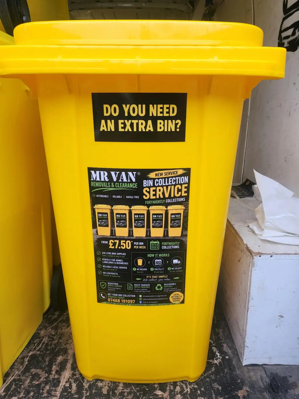 MR VAN Removals and Clearance branded yellow 240 litre wheelie bin